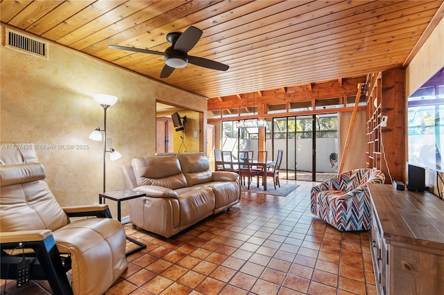 living room featuring ceiling fan, tile patterned flooring, and wooden ceiling