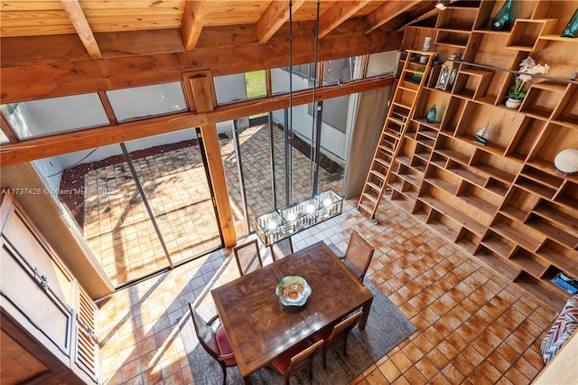 dining room featuring beamed ceiling and wooden ceiling