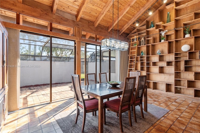 interior space featuring vaulted ceiling with beams and wooden ceiling