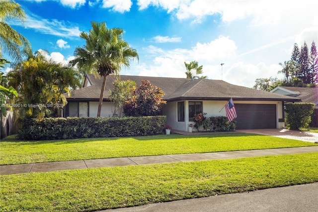 ranch-style house with a garage and a front lawn