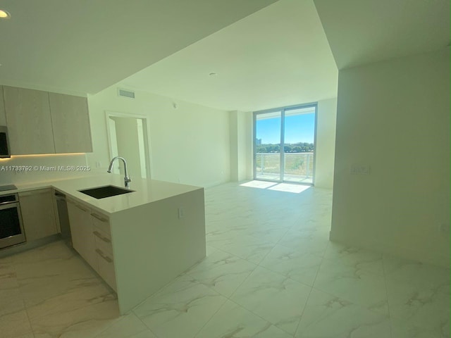 kitchen featuring sink, dishwasher, wall oven, expansive windows, and kitchen peninsula