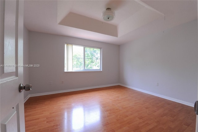 spare room with a raised ceiling and light hardwood / wood-style flooring