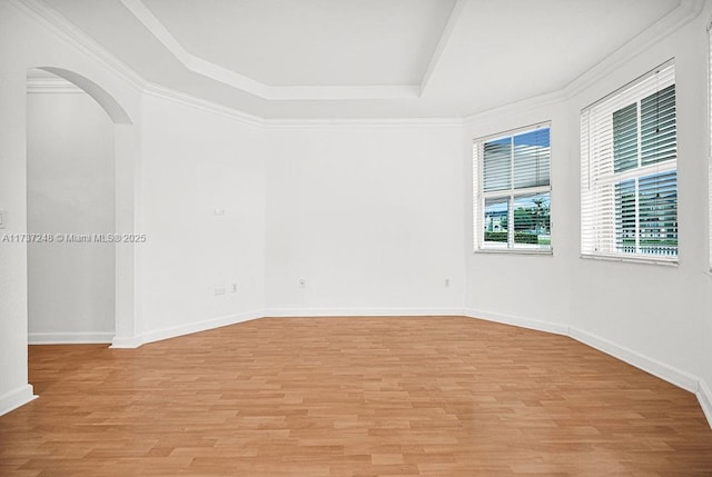 unfurnished room featuring a raised ceiling, ornamental molding, and light hardwood / wood-style flooring