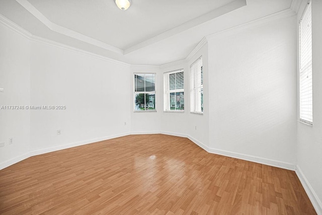 unfurnished room featuring hardwood / wood-style flooring, ornamental molding, and a tray ceiling