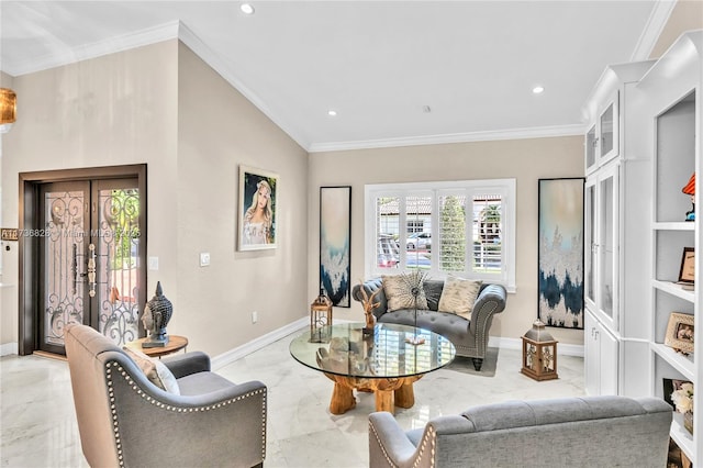 living room featuring french doors and crown molding