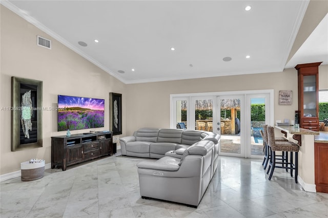 living room featuring french doors and ornamental molding