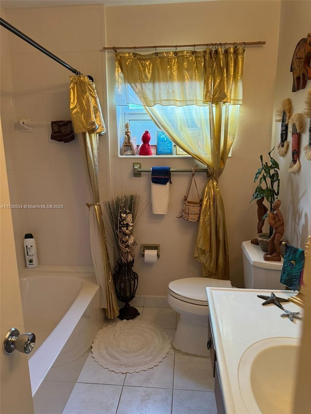 full bathroom featuring tile patterned flooring, vanity, shower / tub combo, and toilet