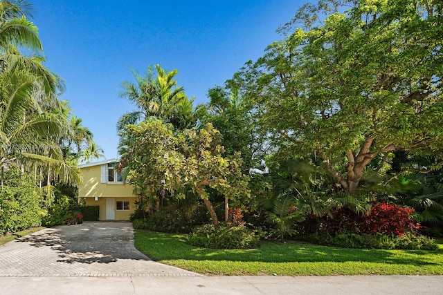 view of property hidden behind natural elements featuring a front yard