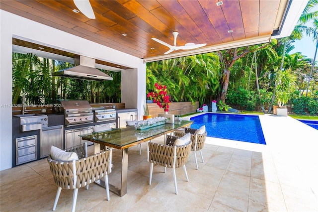 view of pool with a grill, area for grilling, ceiling fan, and a patio