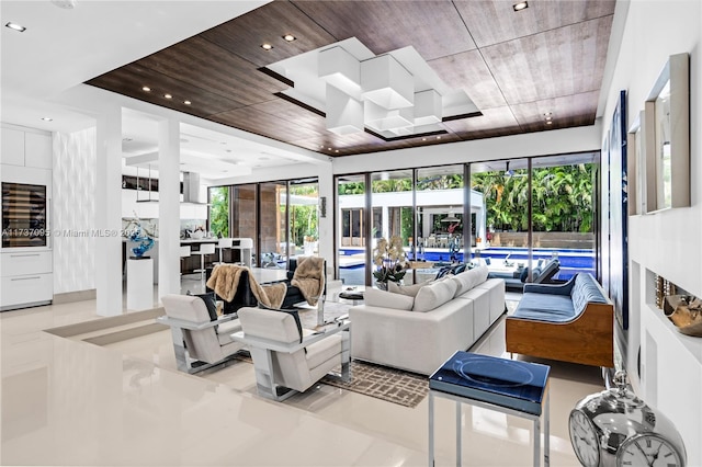 living room with wooden ceiling