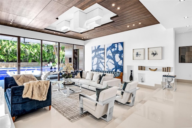 living room with wooden ceiling