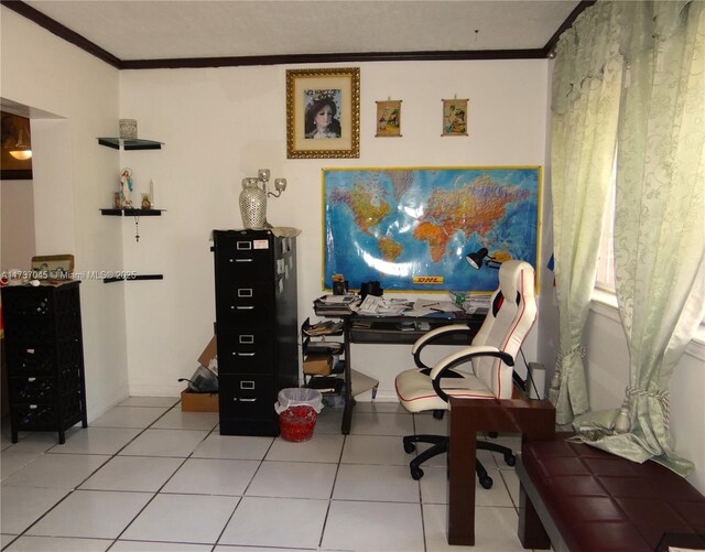 tiled office featuring crown molding