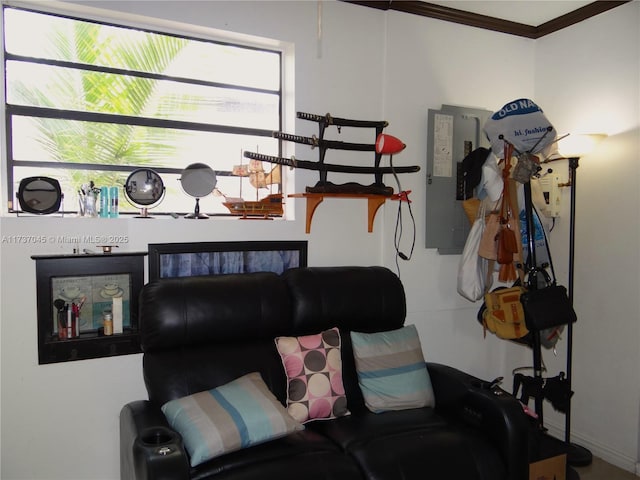 living room featuring crown molding and electric panel