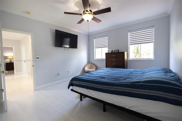 bedroom with crown molding and ceiling fan