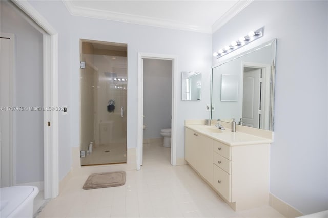 bathroom featuring ornamental molding, toilet, a shower with shower door, and vanity