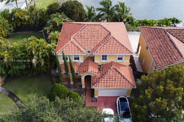 aerial view with a water view