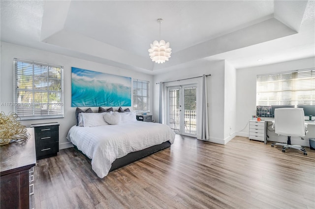 bedroom featuring wood-type flooring, a raised ceiling, and multiple windows