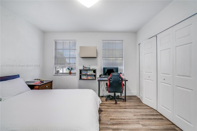 bedroom featuring wood-type flooring and a closet