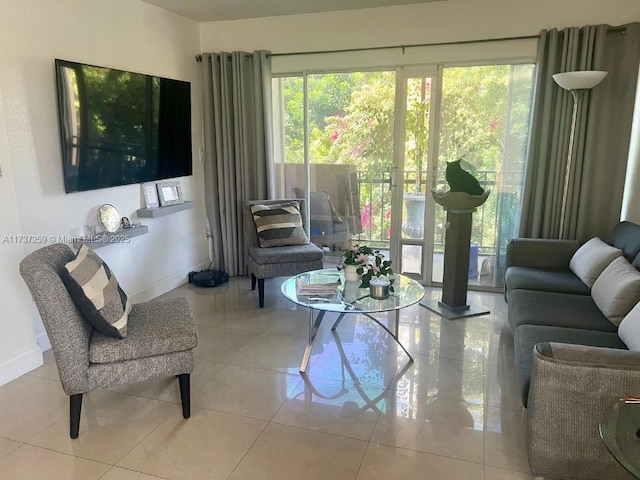 living room featuring light tile patterned flooring