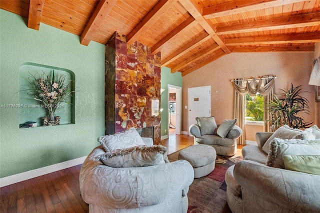 living room with vaulted ceiling with beams, hardwood / wood-style floors, and wood ceiling