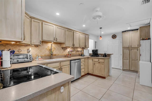 kitchen featuring decorative light fixtures, dishwasher, backsplash, light tile patterned floors, and light brown cabinets