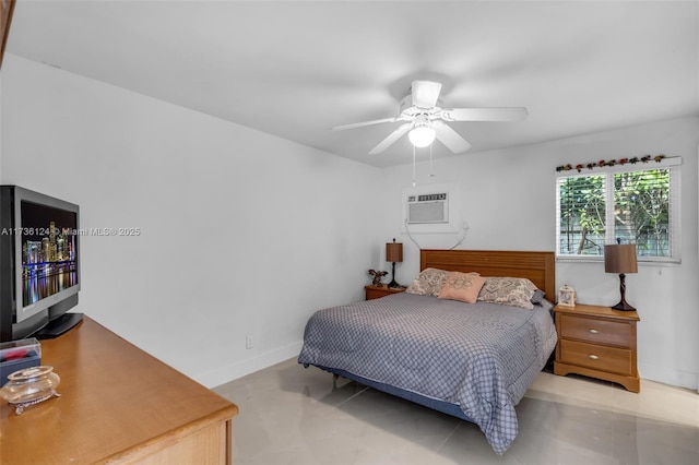 bedroom featuring ceiling fan and a wall unit AC