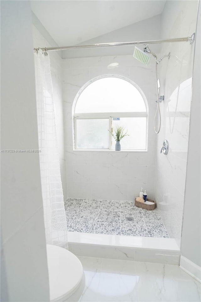 bathroom featuring a healthy amount of sunlight, toilet, curtained shower, and vaulted ceiling