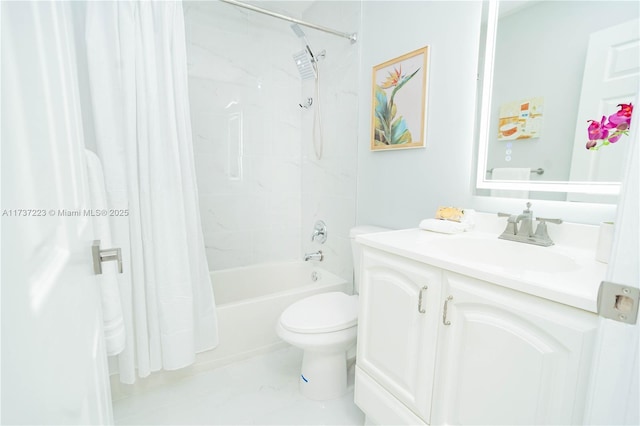 full bathroom with vanity, shower / tub combo with curtain, and toilet