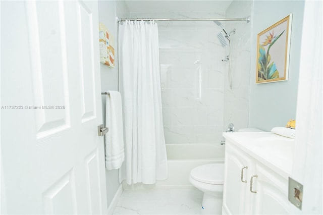 full bathroom featuring vanity, shower / tub combo, and toilet