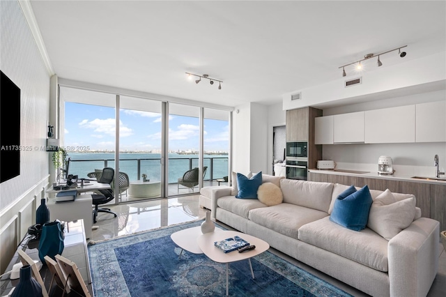 living room with sink, ornamental molding, floor to ceiling windows, a water view, and tile patterned floors