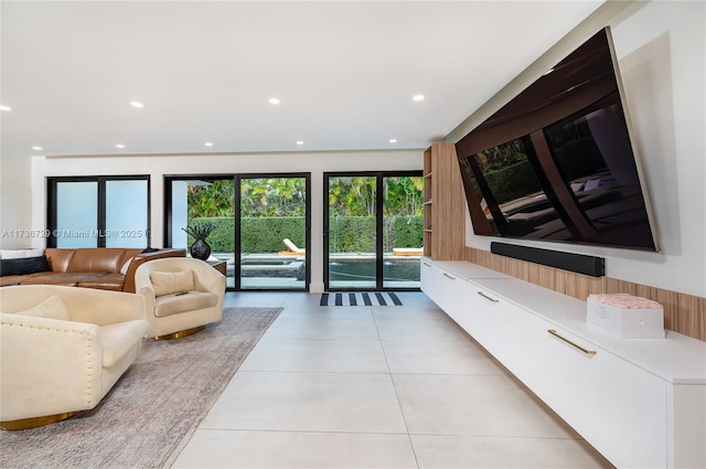 living room featuring light tile patterned floors