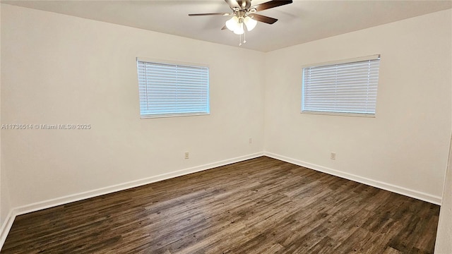 unfurnished room with dark hardwood / wood-style floors and ceiling fan