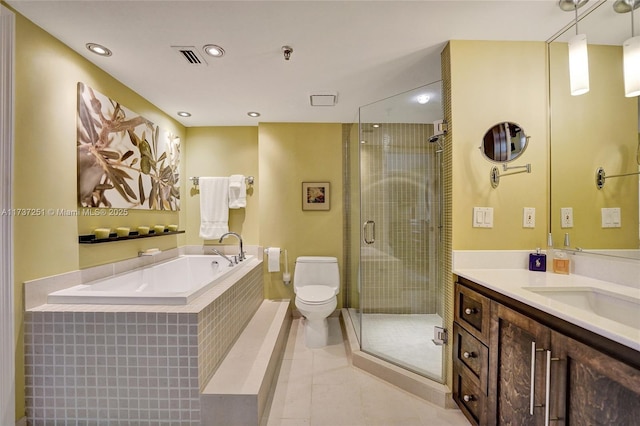 full bathroom featuring tile patterned flooring, vanity, independent shower and bath, and toilet