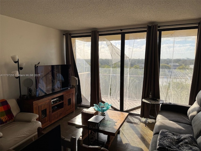 living room with a textured ceiling