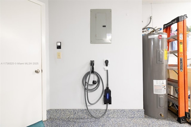 utility room featuring electric panel and water heater