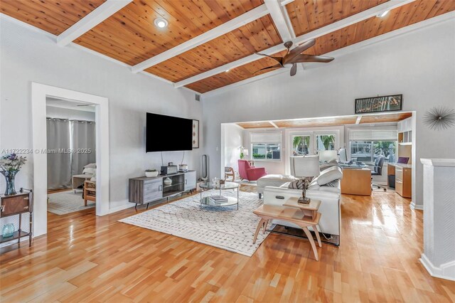 living room with high vaulted ceiling, ceiling fan, light hardwood / wood-style floors, wooden ceiling, and beam ceiling