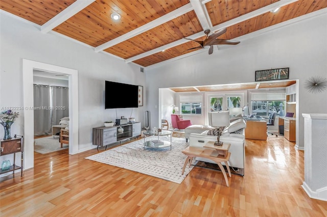 living room with high vaulted ceiling, ceiling fan, wooden ceiling, beam ceiling, and light hardwood / wood-style flooring