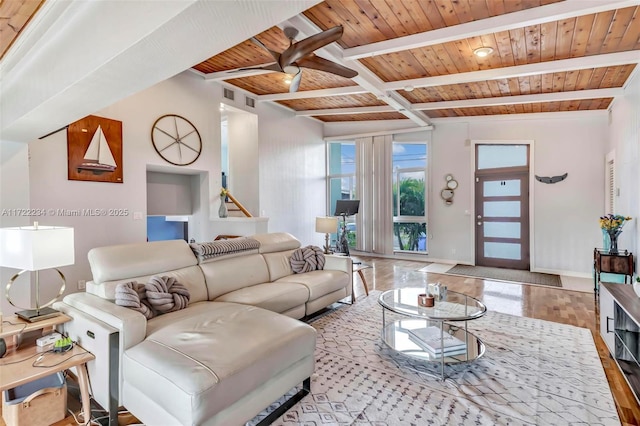 living room featuring beamed ceiling, wooden ceiling, and light hardwood / wood-style floors