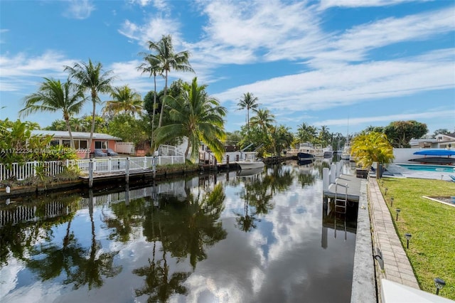 property view of water featuring a boat dock