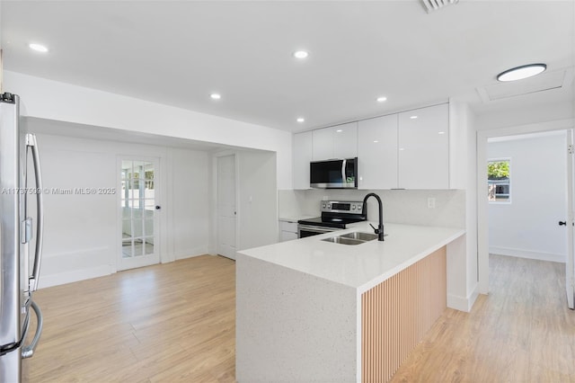 kitchen featuring sink, white cabinetry, light hardwood / wood-style flooring, kitchen peninsula, and stainless steel appliances