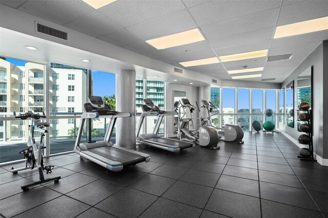 workout area with plenty of natural light and a paneled ceiling