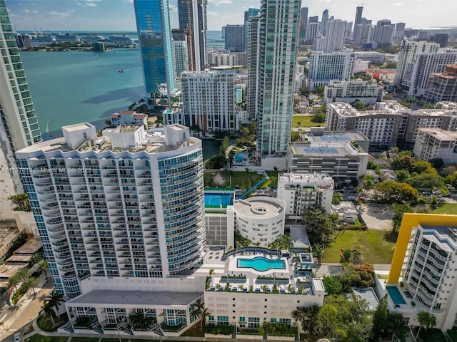 bird's eye view with a water view