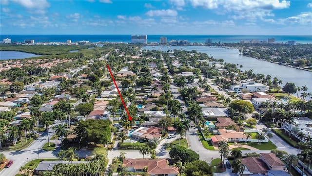 aerial view featuring a water view