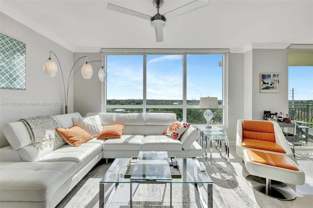 living room with crown molding and ceiling fan