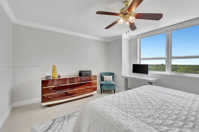 bedroom with crown molding and ceiling fan