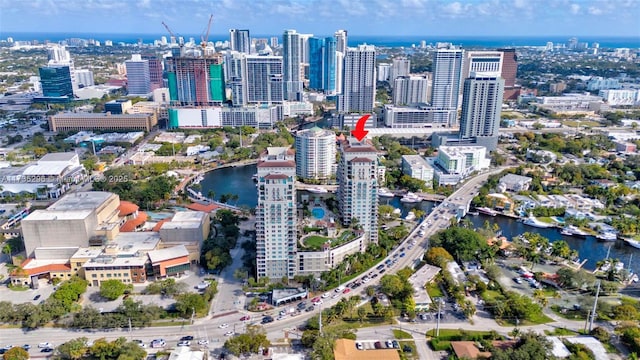 drone / aerial view with a water view