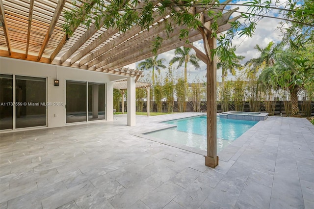 view of pool featuring an in ground hot tub, a pergola, and a patio