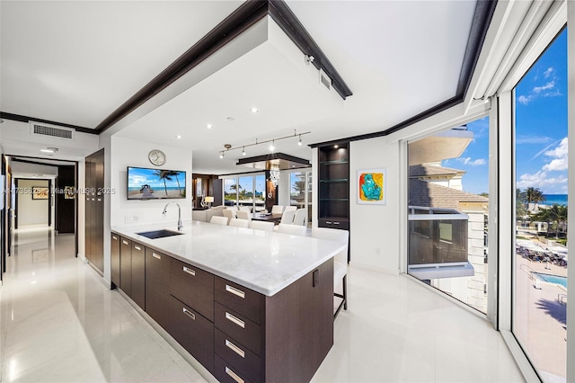 kitchen with sink, a center island, dark brown cabinetry, ornamental molding, and a kitchen bar