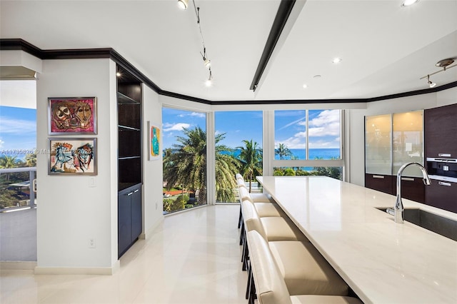 kitchen featuring sink, floor to ceiling windows, track lighting, light stone countertops, and ornamental molding