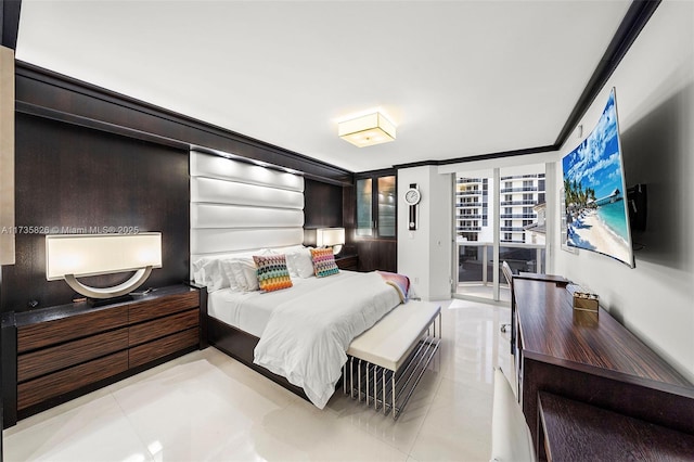 bedroom with ornamental molding, access to exterior, and light tile patterned floors